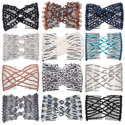 Ruihfas 12 PCS Magic Hair Side Combs Beaded Stretch Double Hair Side Combs Clips Bun Maker Hair Pins Hair Accessories for Women Curly Thick Wavy Hair Ponytail (Random Styles and Colors)