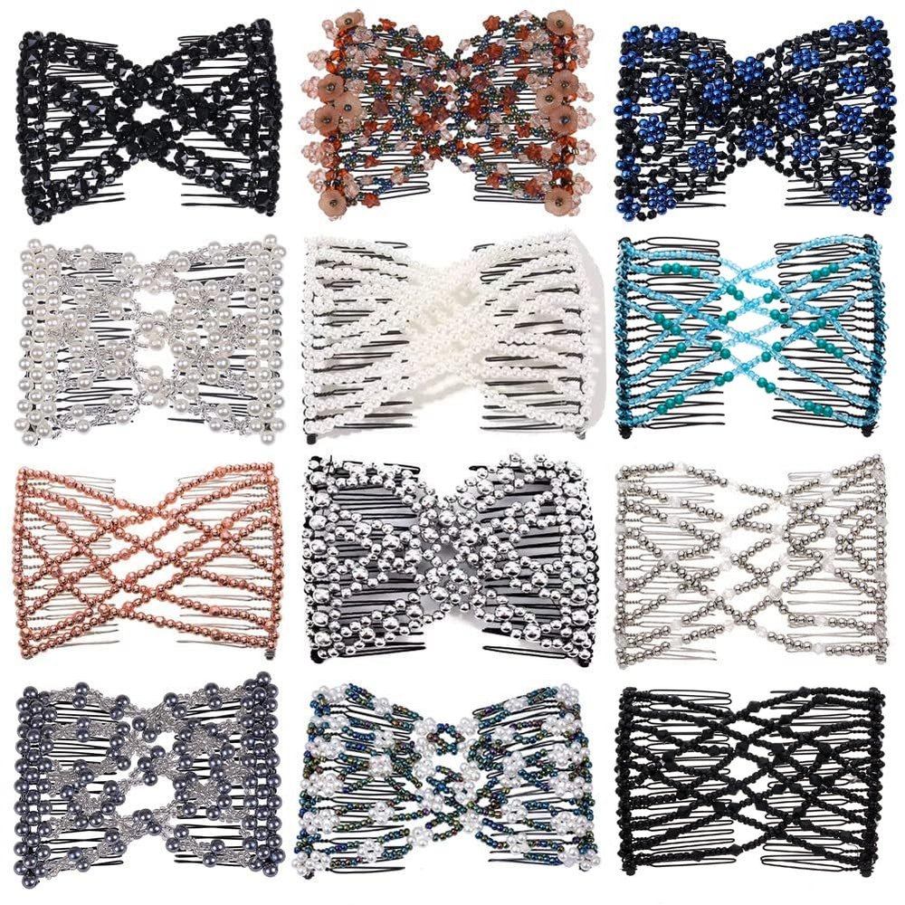 Ruihfas 12 PCS Magic Hair Side Combs Beaded Stretch Double Hair Side Combs Clips Bun Maker Hair Pins Hair Accessories for Women Curly Thick Wavy Hair Ponytail (Random Styles and Colors)