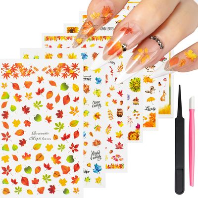 DZHILHMX Nail Stickers - 3D Self Adhesive, Multiple Shapes Colors, Maple Leaf, Autumn, Manicure Decals, with Kit, for Nail Art Decoration