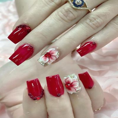 Set 34PCs 3D Acrylic Sweetheart Flower Nail Art Charms Handmade by Acrylic Powder Design Acrylic Nail Art for Women Girls (Red11-10pcs)
