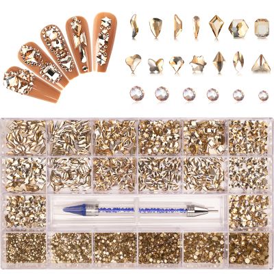 HINABTRU Gold Rhinestones for Nails Champagne Nail Gems Diamonds-7220Pcs Nail Crystals Jewels-Nail Charms Accessories for Nail Decoration(14 Different Shape+ 6520 Round Gold Nail Stones+Wax Pen)