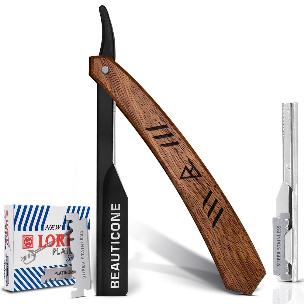 BEAUTICONE Straight Razors for Men, Straight Edge Razor with 100 Single Edge Blades, Stainless Steel, Barber Razor for Men's Shaving, Barber Shaving Knife, Wooden Handle, Slide-Out