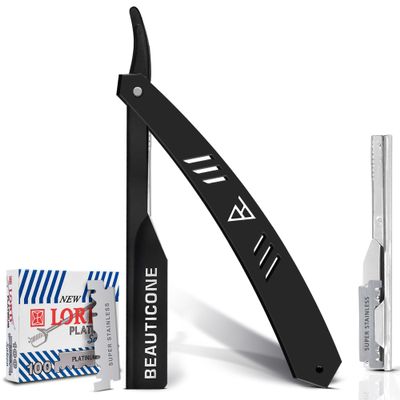 BEAUTICONE Straight Razors for Men, Straight Edge Razor, 100 Single Edge Blades, Stainless Steel, Barber Razor for Men's Shaving, Barber Shaving Knife, Slide-Out