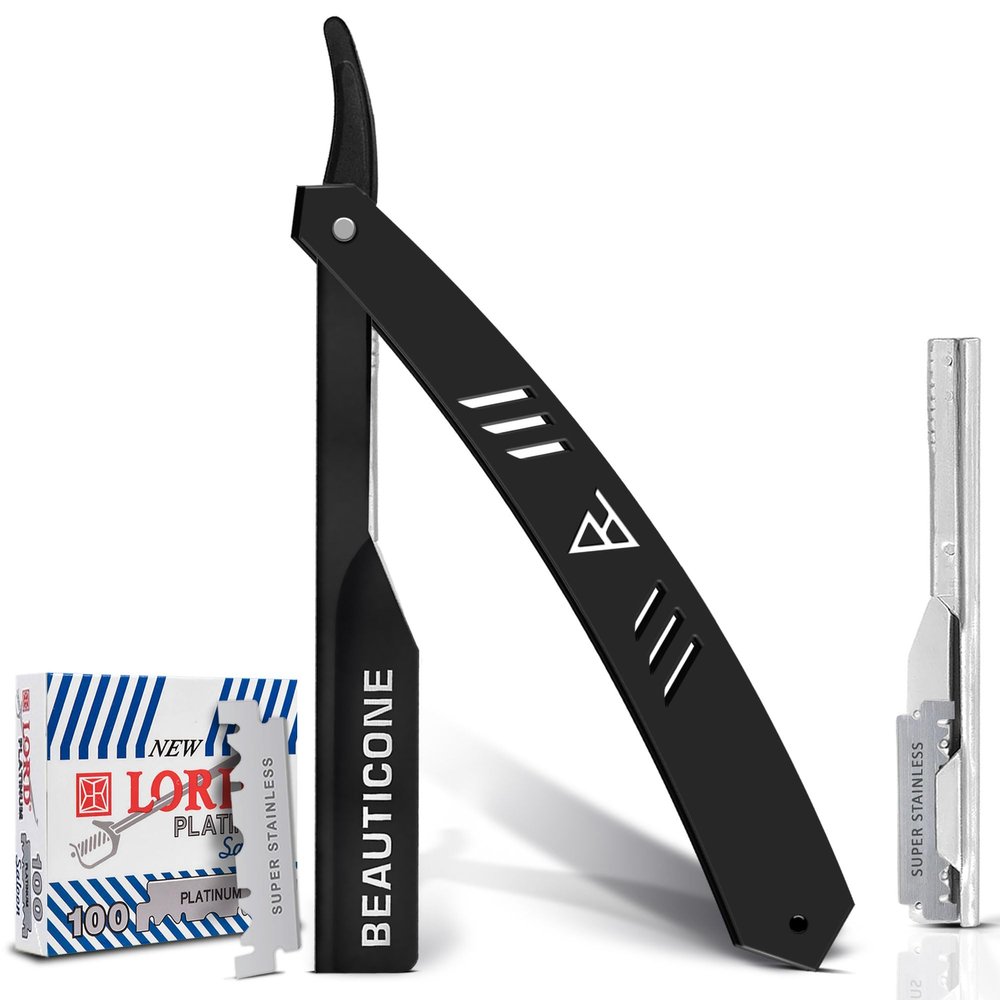 BEAUTICONE Straight Razors for Men, Straight Edge Razor, 100 Single Edge Blades, Stainless Steel, Barber Razor for Men's Shaving, Barber Shaving Knife, Slide-Out