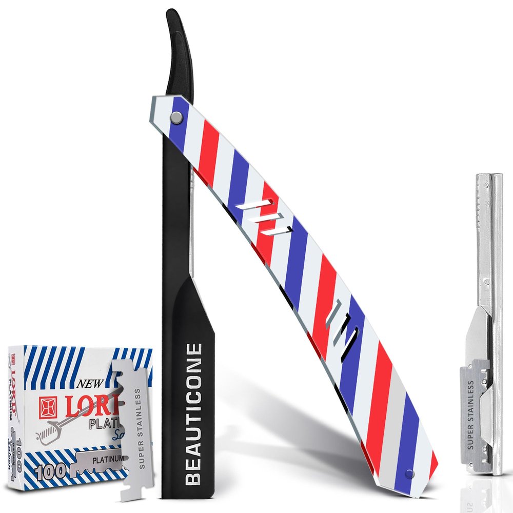 BEAUTICONE Straight Razors for Men, Straight Edge Razor, 100 Single Edge Blades, Stainless Steel, Barber Razor for Men's Shaving, Barber Shaving Knife, Slide-Out
