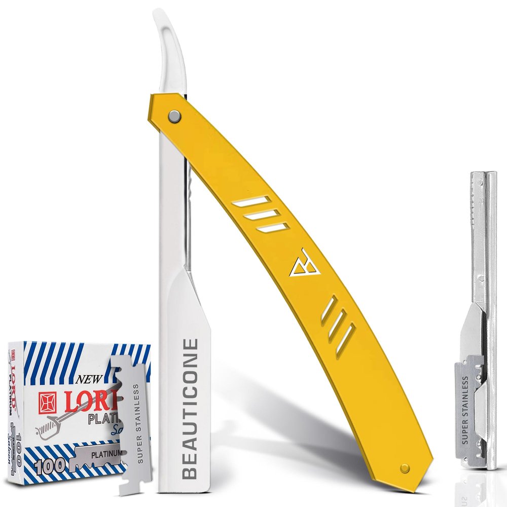 BEAUTICONE Straight Razors for Men, Straight Edge Razor, 100 Single Edge Blades, Stainless Steel, Barber Razor for Men's Shaving, Barber Shaving Knife