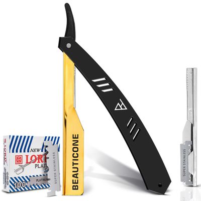 BEAUTICONE Straight Razors for Men, Straight Edge Razor, 100 Single Edge Blades, Stainless Steel, Barber Razor for Men's Shaving, Barber Shaving Knife, Slide-Out