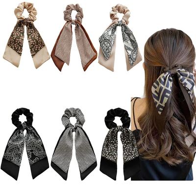 Bandana Hair Scrunchies with Ribbon Bow Scarf Scrunchies for Women, Elegant Floral Hair Ties Plaid Scarf Scrunchies (6 PCS Double Layer)