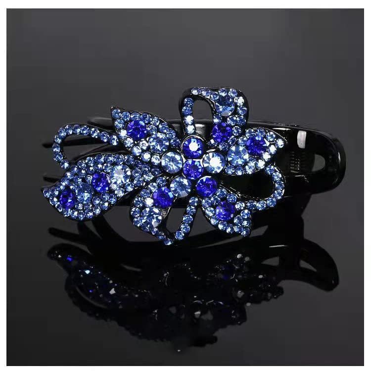 Flower Hair Barrette, Rhinestone Hair Luxury Barrette Headwear Hair Accessories (Blue)