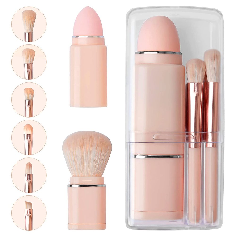 Vtrem Portable Retractable Makeup Brushes Set - 8 in 1 Travel Powder, Angled, Lip, Eyeshadow, Foundation Blending, Beauty Sponge All in One Make Up Brush Set