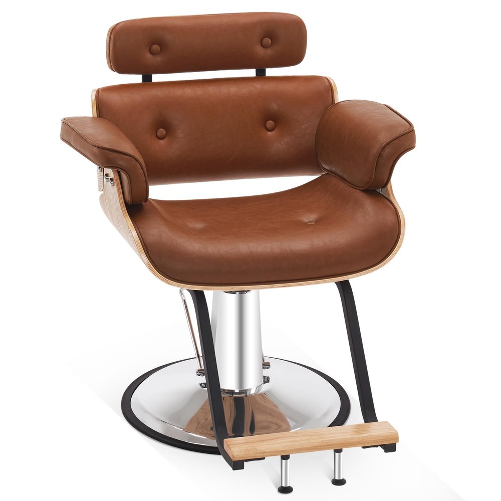 BarberPub Bend Wooden Salon Chair Hydraulic Chair Hair Cutting Beauty Spa Styling Equipment 8261(Brown)