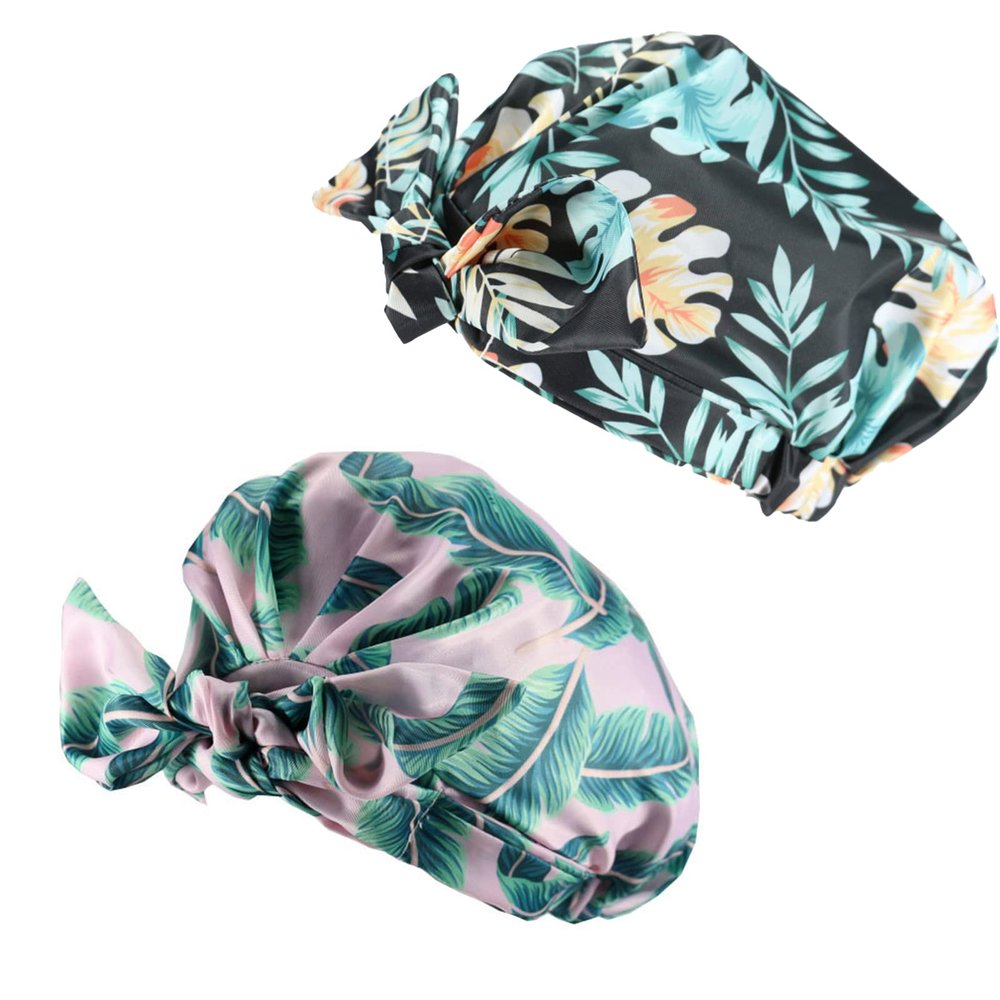 aoozleny Women Girls Shower Caps, Waterproof Reusable Shower Hair Caps Turban Shower Bath Caps for Long, Short and Curly Hair,Set of 2 (Plant)