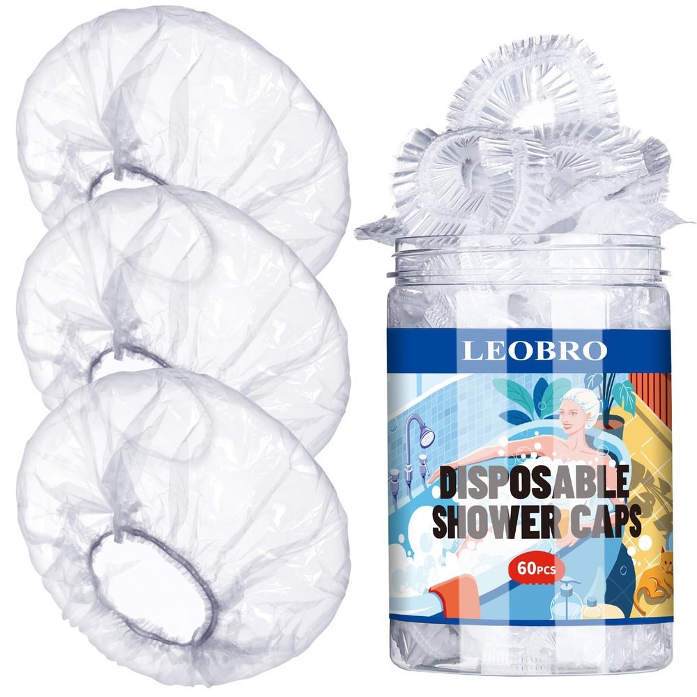 LEOBRO Shower Caps, 60PCS Large Disposable Shower Caps for Women, Plastic Shower Cap, Plastic Cap for Hair Treatment, Travel, Large Size 19.3 INCH