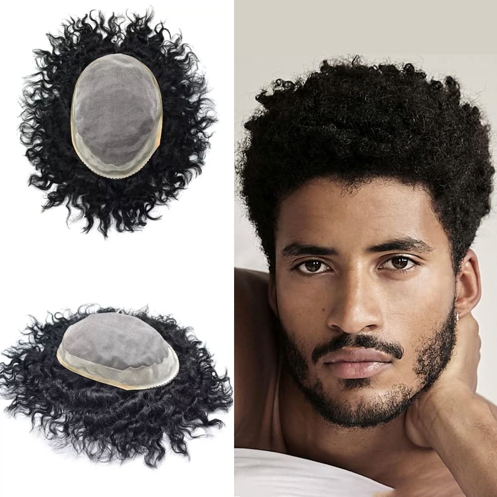 Afro Toupee HAIR WONDERS Durable Fine Mono Base Afro Toupee For Black Men 100% Real Human Hair Mono Lace PU around Easy To Install Hair Units For Black Men (8''*11''-12MM WAVE, 1# JET BLACK-110% light to medium density)