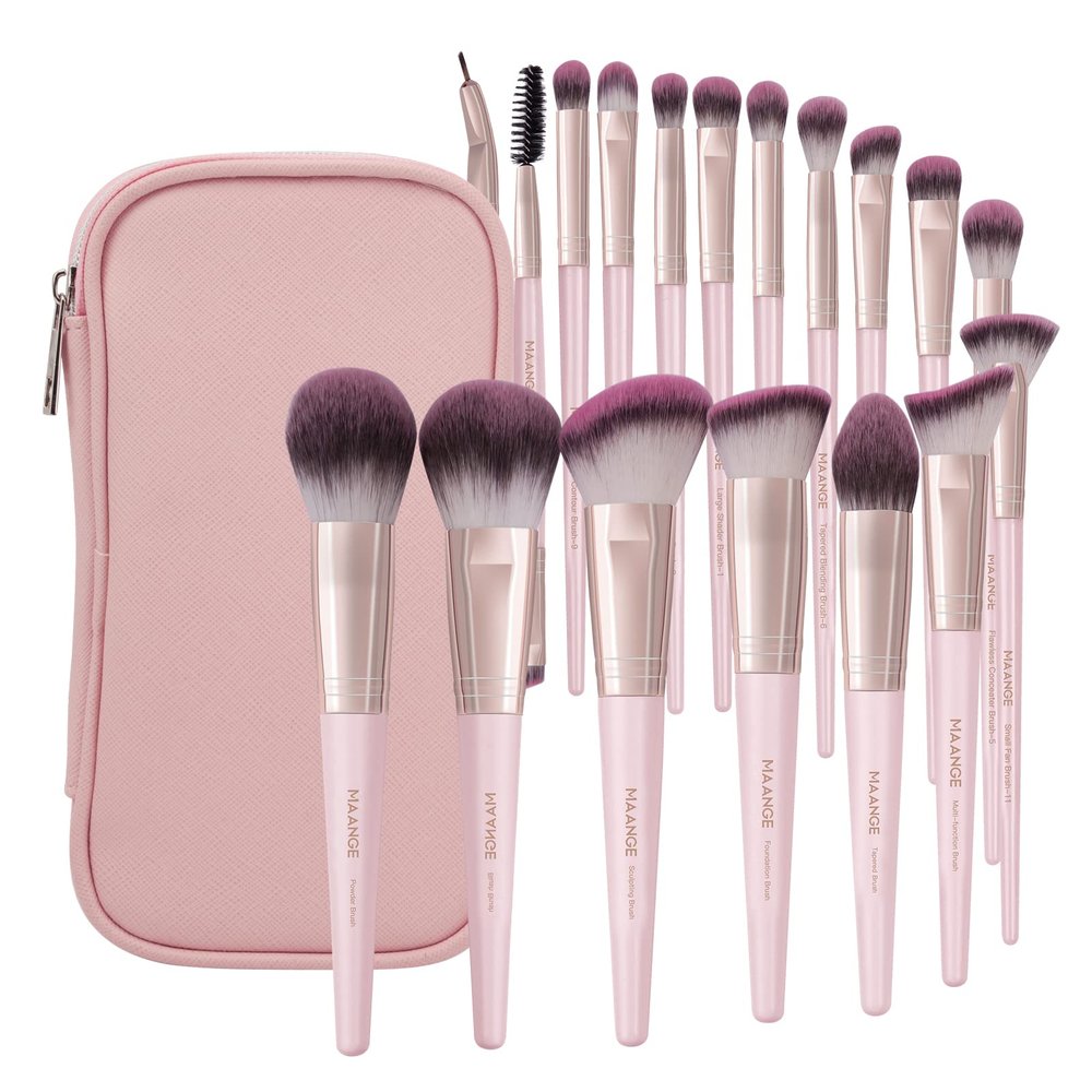 Makeup Brushes with Case, MAANGE 18 Pcs Professional Makeup Brush Set Premium Synthetic Face Kabuki Brush Kit Foundation Blush Powder Eyeshadow Brushes Set Christmas Gift (Pinkgold)