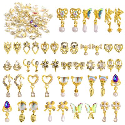48 Pcs Dangle Charms Luxury Rhinestones for Nails - Heart Charms Gold Gems Crystal Metal Diamonds Stones for 3D Art Decoration Jewelry Making, 24 Styles