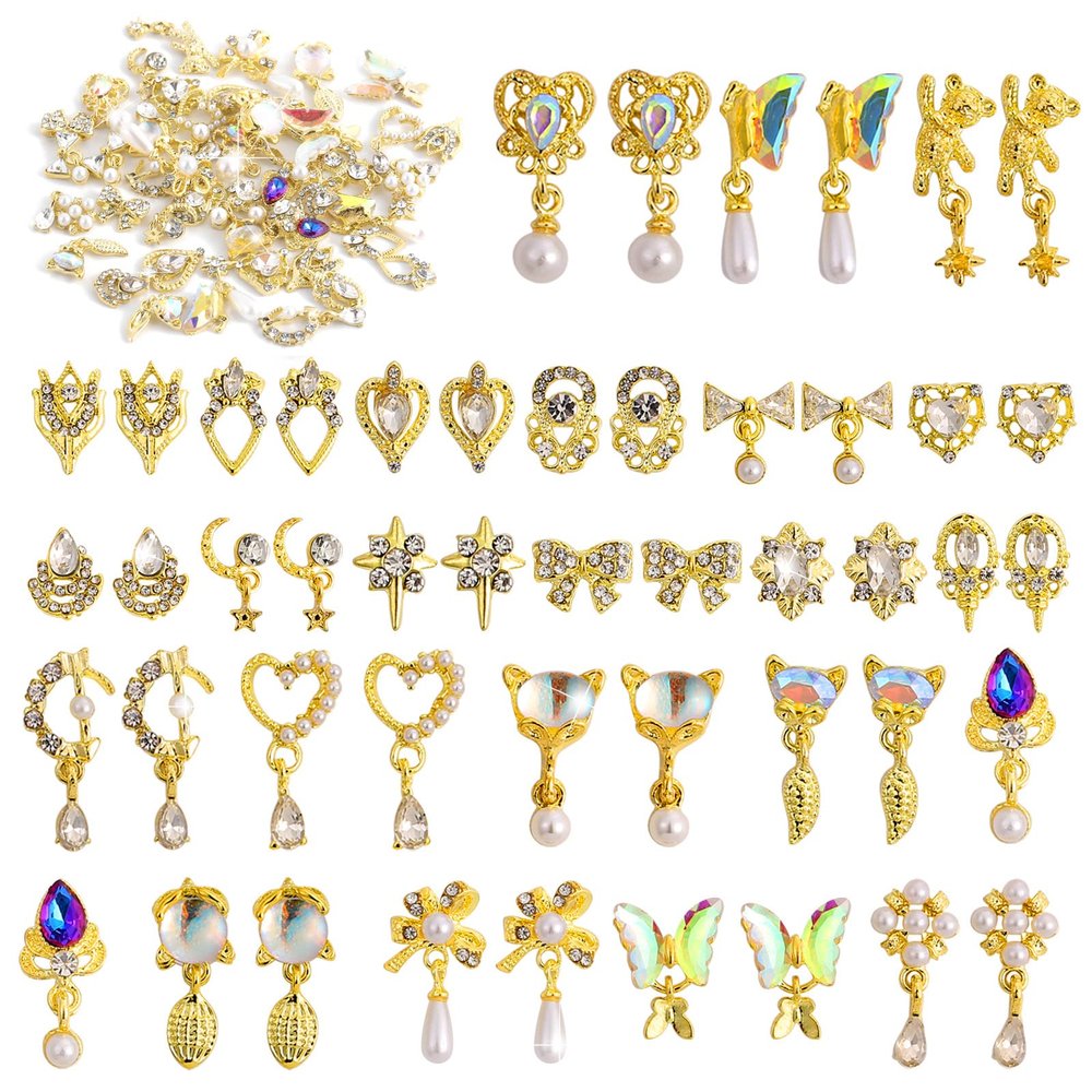 48 Pcs Dangle Charms Luxury Rhinestones for Nails - Heart Charms Gold Gems Crystal Metal Diamonds Stones for 3D Art Decoration Jewelry Making, 24 Styles