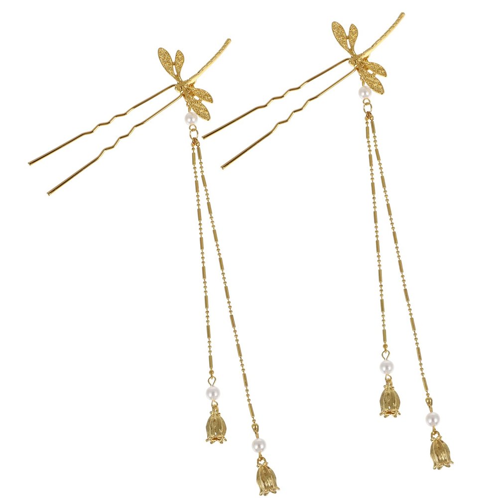 2pcs Vintage Dragonfly Forks Sticks Tassel Traditional Chinese Women Pin Stick Golden Hair Chopsticks for Girls Styling Buns Chignon with