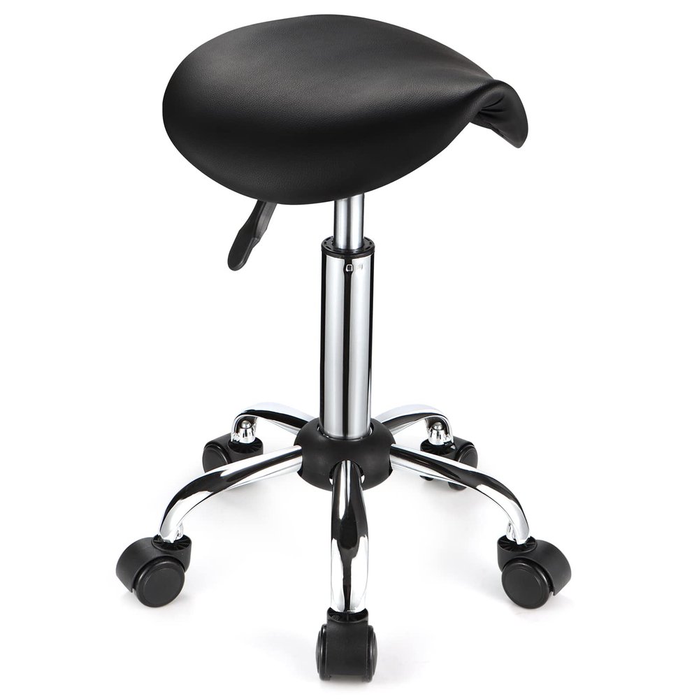 FNZIR Saddle Rolling Stool with Wheels PU Leather Height Adjustable Swivel Stool Chair Black