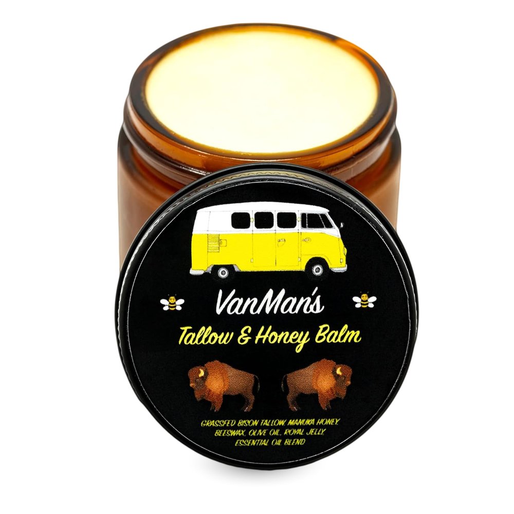 Vanmans Tallow and Honey Balm - Grass-Fed/Finished Bison Tallow and Essential Oils, Raw Manuka Honey, Organic Royal Jelly, Beeswax, Cold Pressed Olive Oil - Tallow Skin Care for Dry Skin - 2.4 oz