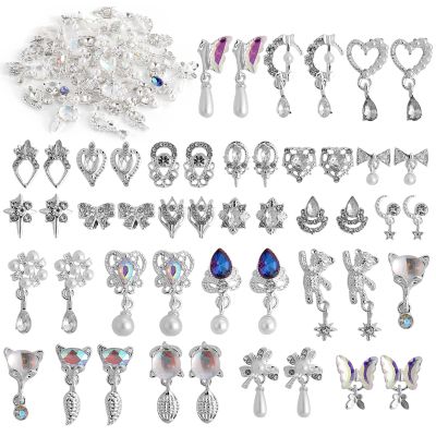 48 Pcs Dangle Nail Charms Luxury Rhinestones for Nails Heart Charms Silver Nail Gems Crystal Metal Nail Diamonds Stones for 3D Nails Art Decoration Jewelry Making, 24 Styles