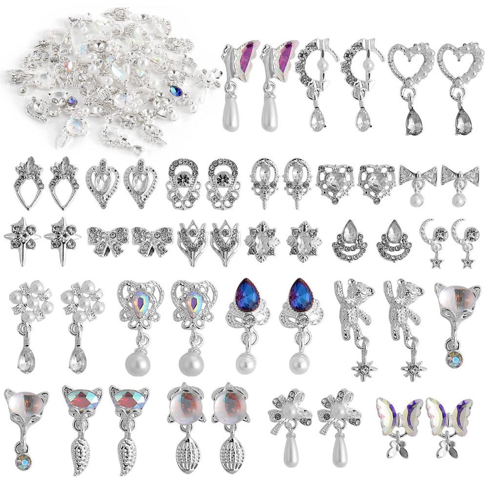 48 Pcs Dangle Nail Charms Luxury Rhinestones for Nails Heart Charms Silver Nail Gems Crystal Metal Nail Diamonds Stones for 3D Nails Art Decoration Jewelry Making, 24 Styles