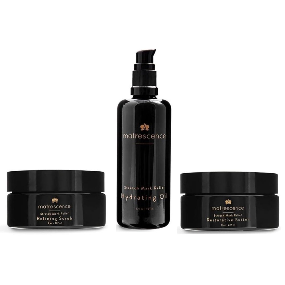 Matrescence Stretch Mark Relief Belly Trio 3 Pack (19.4oz/574ml) | 1-2-3 Step Complete Routine | Spa-Quality Maternity Skin Treatment | Pregnancy-Safe Skincare Made for Mom