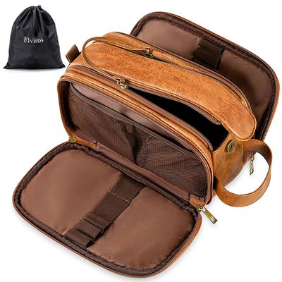Elviros Toiletry Bag for Men, Large Travel Shaving Dopp Kit Water-resistant Bathroom Toiletries Organizer PU Leather Cosmetic Bags Fathers Day Gift (Medium, Brown)