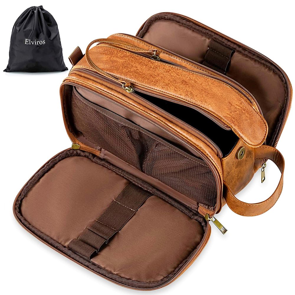 Elviros Toiletry Bag for Men, Large Travel Shaving Dopp Kit Water-resistant Bathroom Toiletries Organizer PU Leather Cosmetic Bags Fathers Day Gift (Medium, Brown)