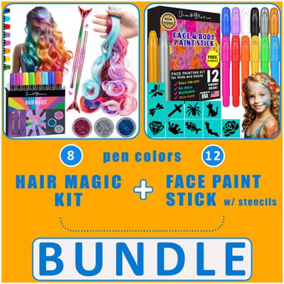 Jim&Gloria Dustless Hair Chalk Include Hair Extensions Mermaid Brushes Glitters Set of 17 Plus Face Paint 12 Colors include Stencils, Gold and Silver colors