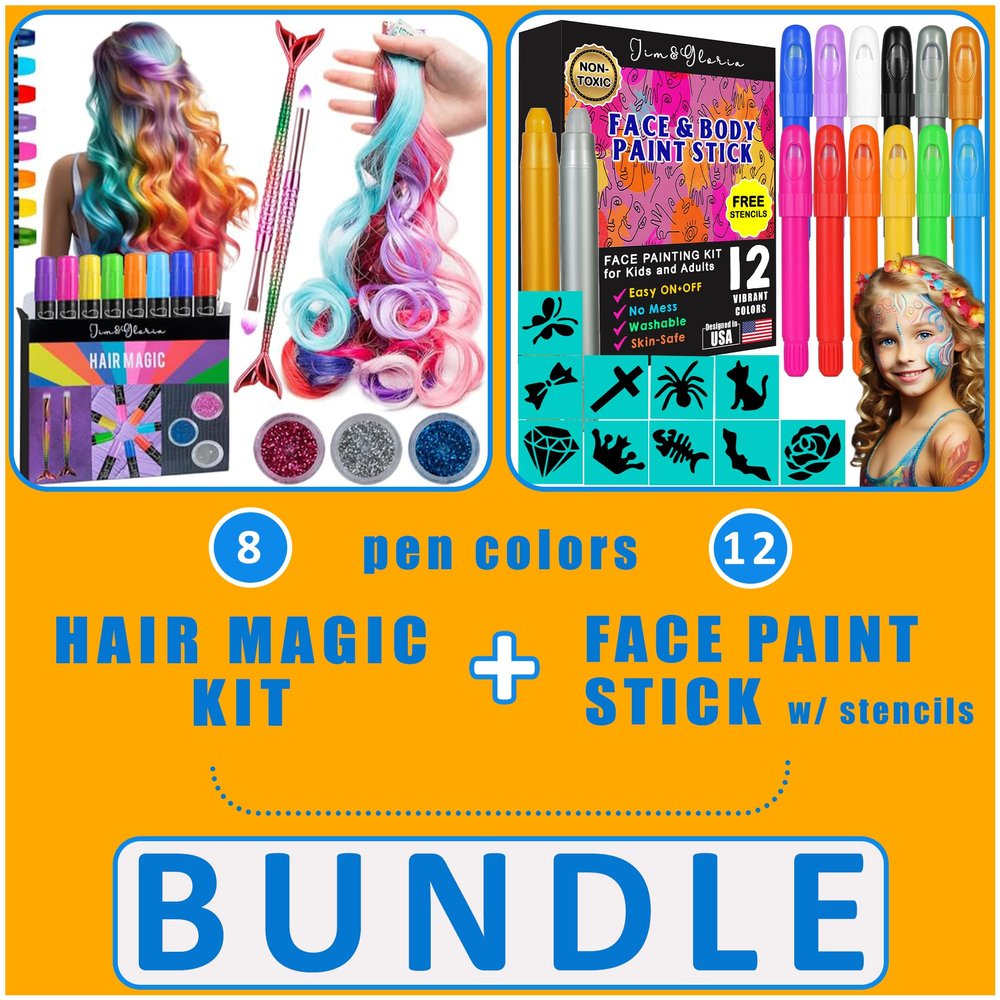 Jim&Gloria Dustless Hair Chalk Include Hair Extensions Mermaid Brushes Glitters Set of 17 Plus Face Paint 12 Colors include Stencils, Gold and Silver colors
