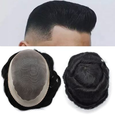 5X7" Fine Mono Toupee for Men European Human Hair System Hair Replacement Mens Wigs Durable NPU around Mens Toupee Black Hair Prosthesis (5"X7"-120% Light to Medium Density, 1# JET BLACK)