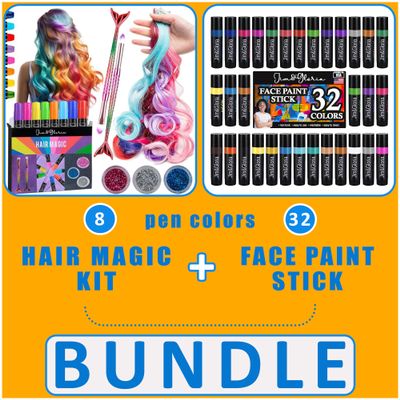 Jim&Gloria Dustless Hair Chalk Include Hair Extensions Mermaid Brushes Glitters Set of 17 Face Paint 32 Colors with Metallic and Neon