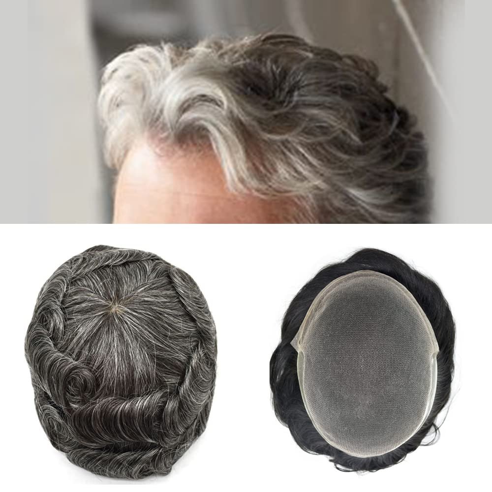Hair Wonders Swiss Lace Hair System Toupee for Men Hairpiece Soft Lace Front Mens Toupee Human Hair Pieces Bleached Knot Natural Hairline350# 3# Dark Brown+50% Gray-100% Density7x9