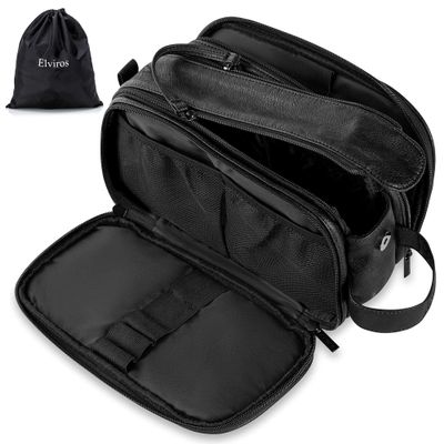 Elviros Toiletry Bag for Men, Large Travel Shaving Dopp Kit Water-resistant Bathroom Toiletries Organizer PU Leather Cosmetic Bags Fathers Day Gift(Medium, Black)