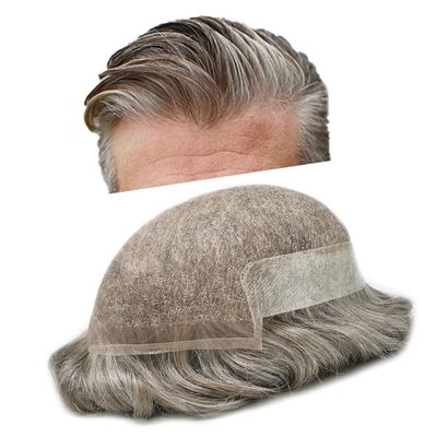 LYRICAL HAIR Toupee for Men Hair Piece System French Lace Front Mens Hairpiece Poly Skin PU Hair Replacement Wig for Men (8"x10", #565 Light-Med Brown+65% Gray-100% Light to Med-light Density)