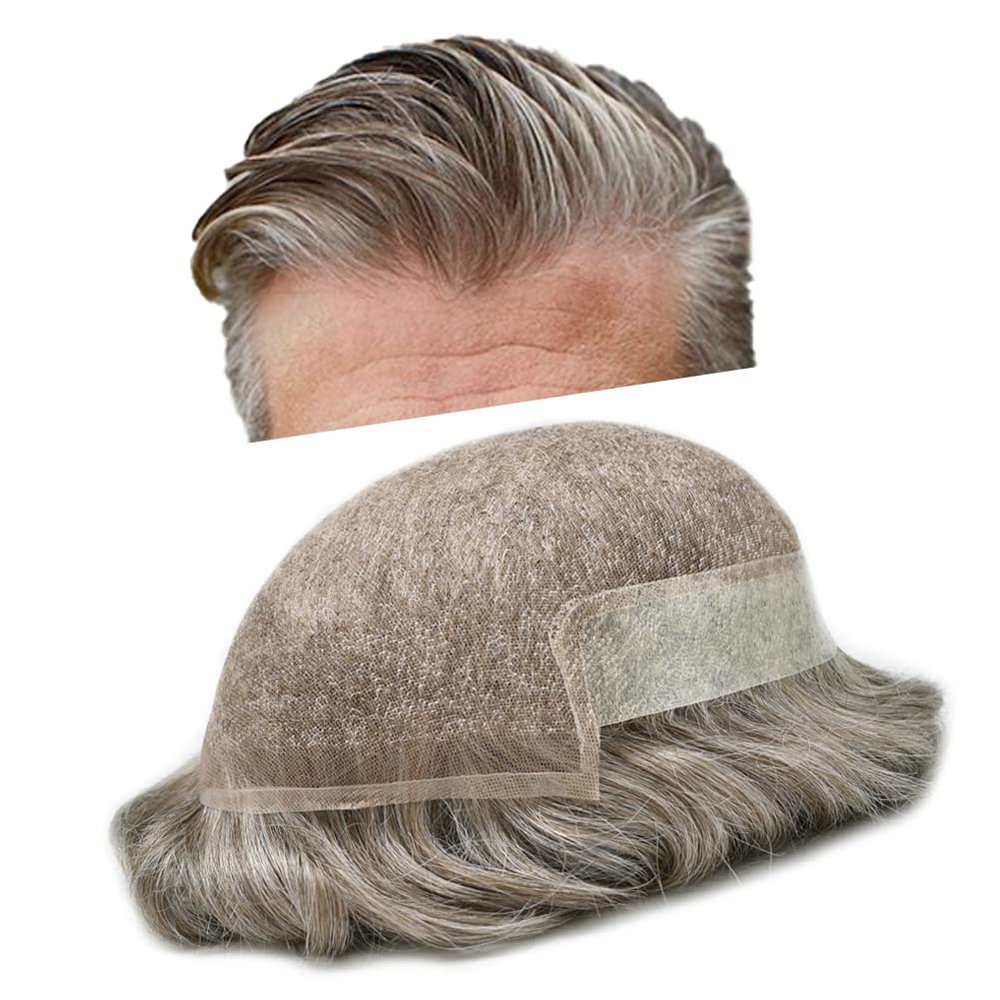 LYRICAL HAIR Toupee for Men Hair Piece System French Lace Front Mens Hairpiece Poly Skin PU Hair Replacement Wig for Men (8"x10", #565 Light-Med Brown+65% Gray-100% Light to Med-light Density)