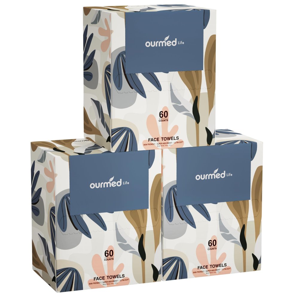 Ourmed Life Face Towels, Disposable Biodegradable Facial Towels for Sensitive Skin, Lint- free Facial Wipes for Washing Face, Skincare and Makeup Remover, Dry Wipes, 10"7.9" Extra Large, 180 Count