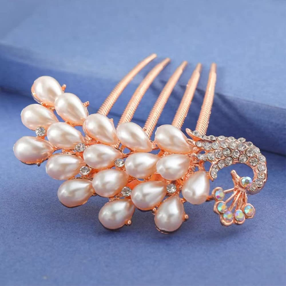 qbodp 2 Pieces Hair Comb Hair Barrettes for Women,Rhinestone Pearl Peacock Hair Clips Hair Accessories Elegant Hair Pins for Buns