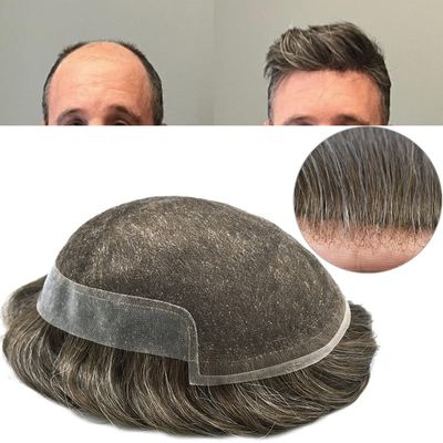 Hair Wonders Swiss Lace Hair System Toupee for Men Hairpiece Soft Lace Front Mens Toupee Human Hair Pieces Bleached Knot Natural Hairline#530 5# MEDIUM LIGHT BROWN+30% Gray-100% density7x9