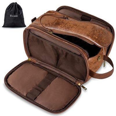 Elviros Toiletry Bag for Men, Large Travel Shaving Dopp Kit Water-resistant Bathroom Toiletries Organizer PU Leather Cosmetic Bags Fathers Day Gift (Medium, Dark Brown)