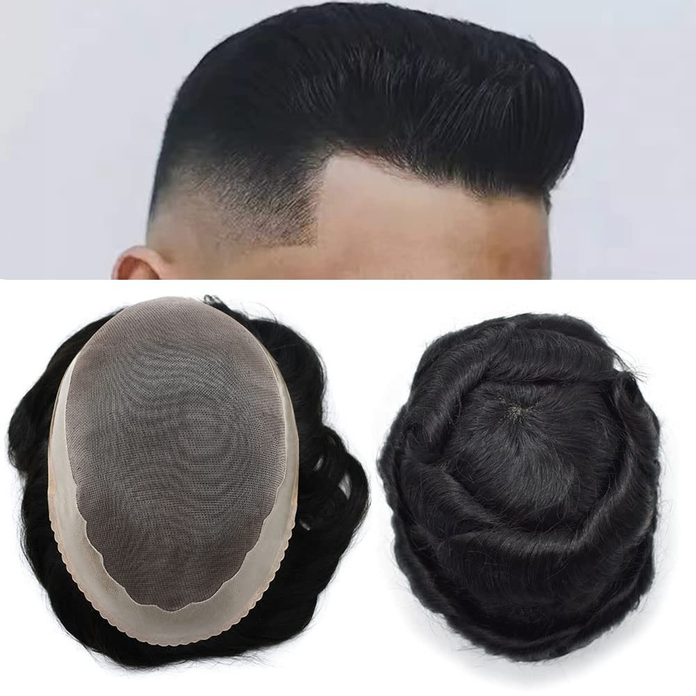 6X9" Fine Mono Toupee for Men European Human Hair System Hair Replacement Mens Wigs Durable NPU around Mens Toupee Black Hair Prosthesis (6X9"-110% Light to Medium Density, 1# JET BLACK)