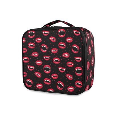 OTVEE Halloween Red Vampire Lips Makeup Bag Travel Cosmetic Bag Large Train Case with Adjustable Dividers