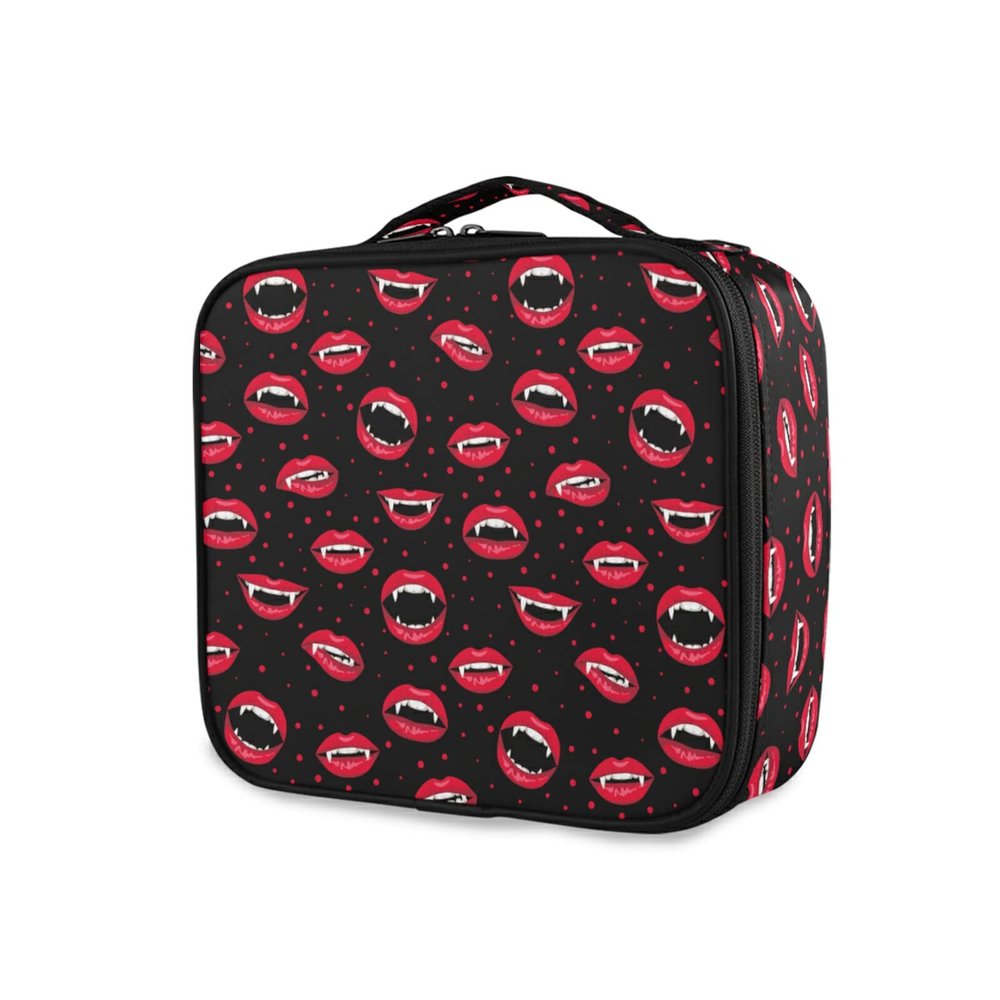 OTVEE Halloween Red Vampire Lips Makeup Bag Travel Cosmetic Bag Large Train Case with Adjustable Dividers