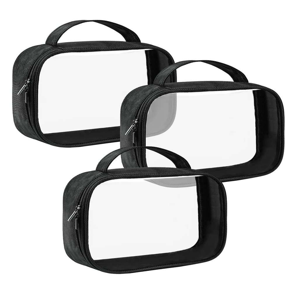 Moyad TSA Approved Clear Toiletry Bag with Handle, 3 Pack Quart Size 3-1-1 Liquids Pouch for Travel, Transparent Makeup & Cosmetic Organizer for Women Men, Black