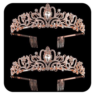 2 Pack Rose Gold Crystal Crowns Tiara for Women, Girls Elegant Princess Rhinestone Crown with Combs, Bridal Wedding Headbands Prom Birthday Party Halloween Hair Accessories Jewelry Gifts for Women