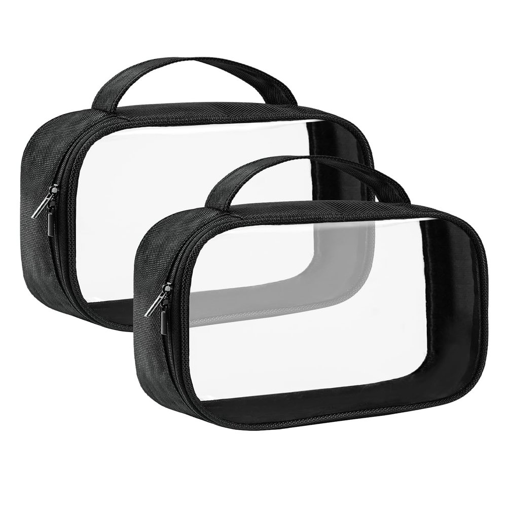 Moyad TSA Approved Clear Toiletry Bag with Handle, 2 Pack Quart Size 3-1-1 Liquids Pouch for Travel, Transparent Makeup & Cosmetic Organizer for Women Men, Black