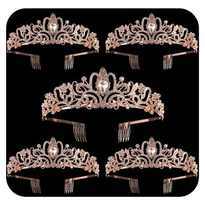 5 Pack Rose Gold Crystal Crowns Tiara for Women, Girls Elegant Princess Rhinestone Crown with Combs, Bridal Wedding Headbands Prom Birthday Party Halloween Hair Accessories Jewelry Gifts for Women