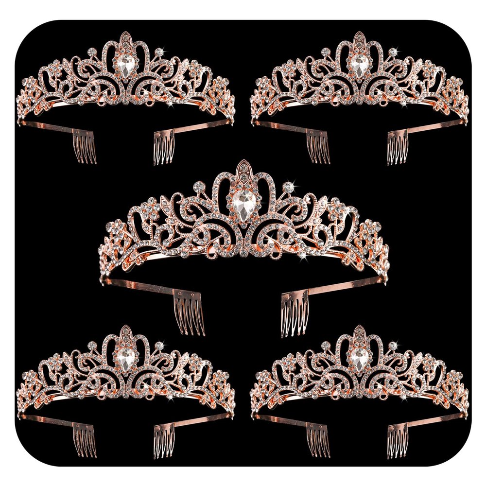 5 Pack Rose Gold Crystal Crowns Tiara for Women, Girls Elegant Princess Rhinestone Crown with Combs, Bridal Wedding Headbands Prom Birthday Party Halloween Hair Accessories Jewelry Gifts for Women