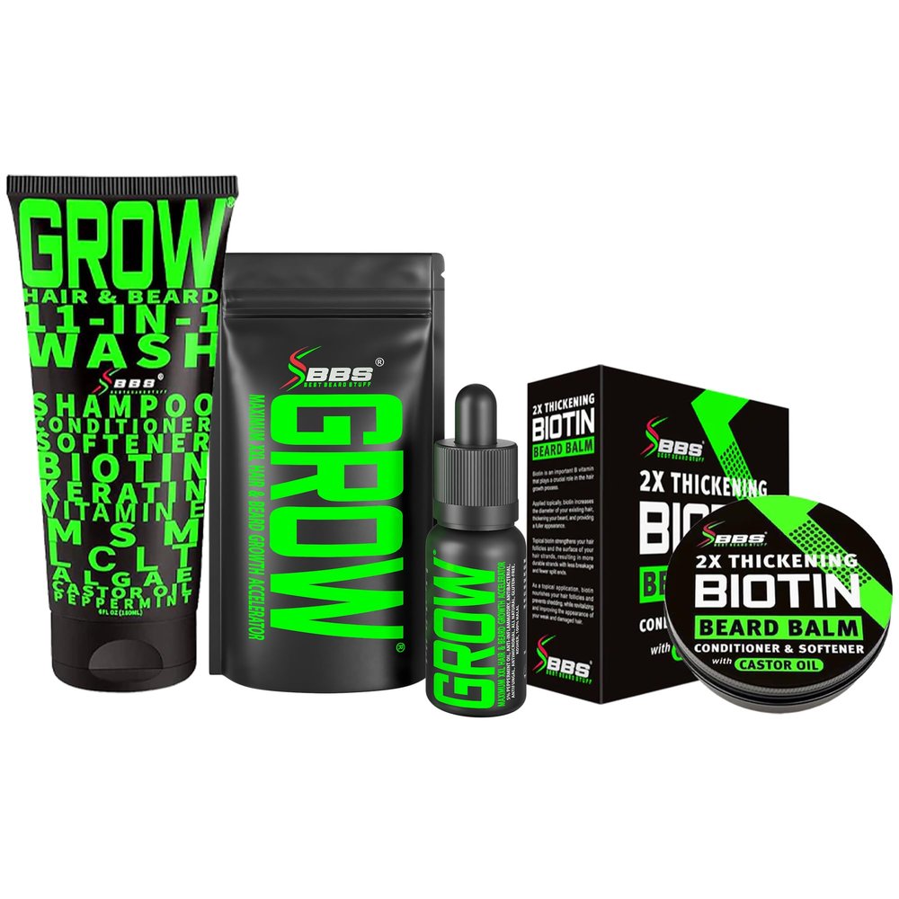 Beard Growth Kit w/ 2X Biotin Beard Balm for Men & Mustache Wax + GROW 11-in-1 Mens Shampoo & Conditioner (Hair Growth Shampoo for Men w/Biotin) + GROW Facial Hair Growth Oil (Made in America)